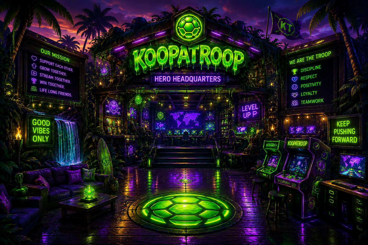 Neon tropical KOOPATROOP Discord clubhouse artwork